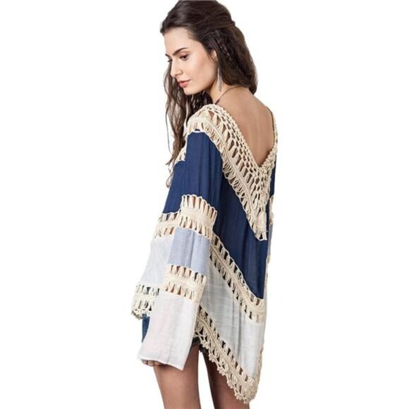Blue Colorblock Cut Out Crochet Tunic Top Blouse Shirt Beach Swimsuit Cover Up - Picture 2 of 4